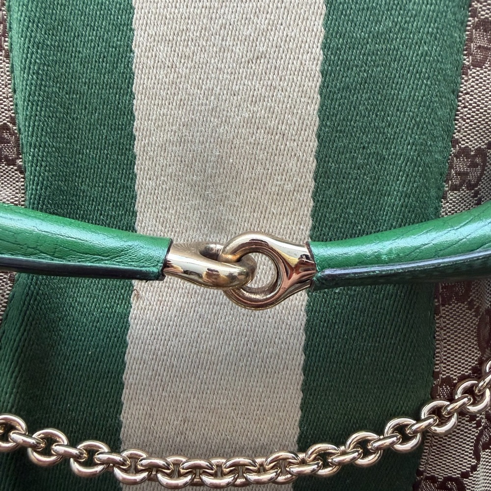 Gucci Beige GG Canvas Shoulder Bag with Green Stripe and Leather Trim - Picture 3 of 8